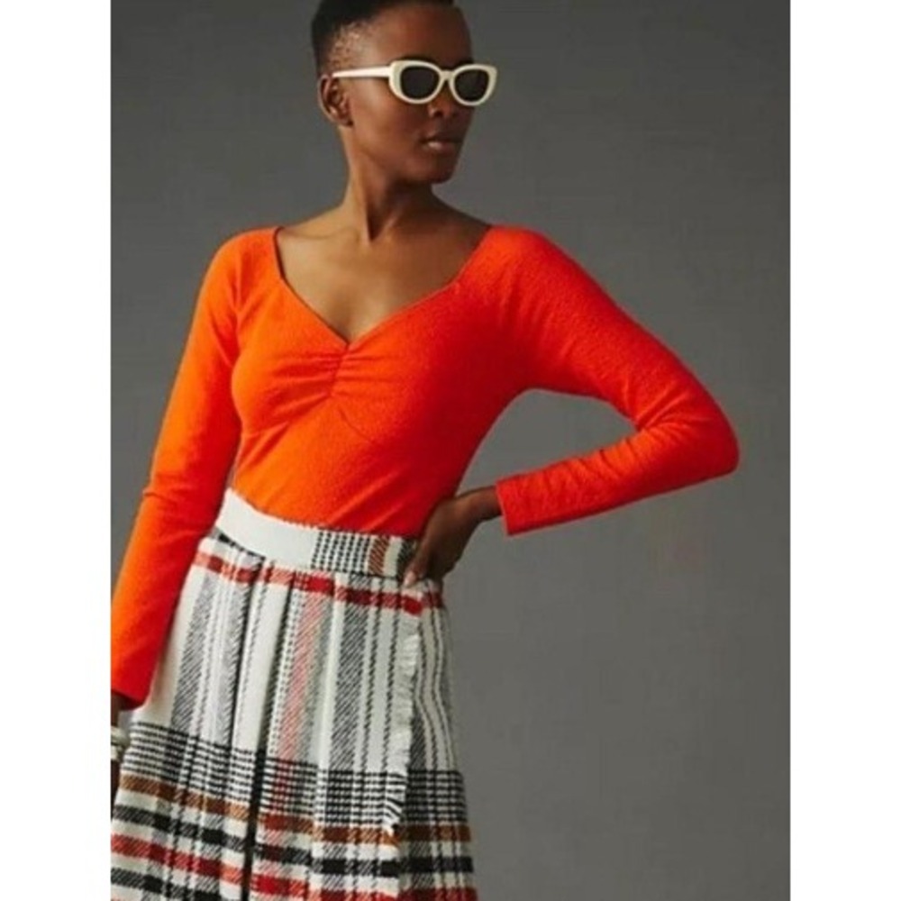 Maeve Anthropologie Orange Textured Ruched Bust Long Sleeve Top Small